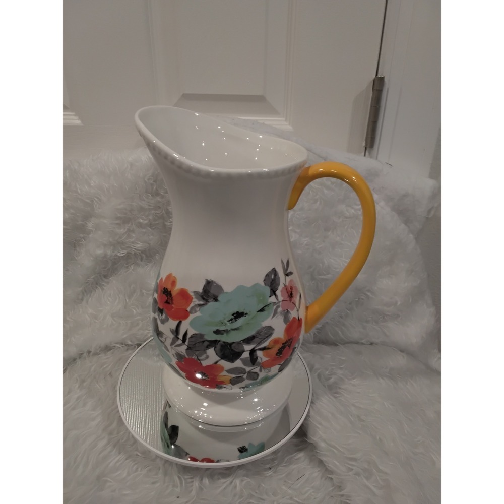 The Pioneer Woman Floral Pitcher Yellow Handle White Ceramic Farmhouse Decor